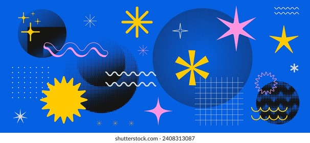 Cool Abstract Geometric Shapes Background Vector Design. Y2k Brutalist Dot Halftone Textured Elements. Modern Backdrop.