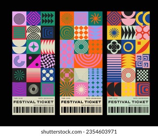 Cool Abstract Geometric Tickets Template. Swiss Design Colorful Pattern. Bauhaus Shapes Background.