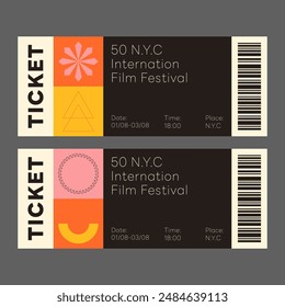 Cool Abstract Geometric Tickets Template. Swiss Design Colorful Pattern. Bauhaus Shapes Background.