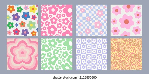 Cool Abstract Groovy Flower Patterns Y2k Style. Trendy Funky Backgrounds.