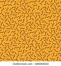 Cool abstract hipster style memphis seamless pattern. Trendy minimal texture with black wavy line and dot on orange background. Vector illustration in neo memphis art style for fashion fabric print