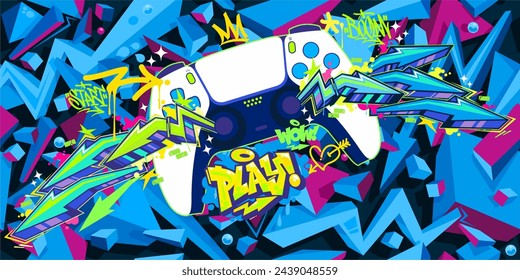 Cool Abstract Joystick Or Gamepad Hip Hop Graffiti Street Art Urban Gaming Style Vector Banner