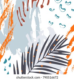 Cool abstract painting. Modern illustration with tropical leaves, grunge, marbling textures, rough brush strokes, doodles, minimal elements. Creative poster with hand drawn shapes