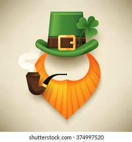 Cool abstract symbol of Saint Patrick's Day character leprechaun with green hat, red beard, smoking pipe and no face. Ideal for posters, party invitations, web banners and greeting cards