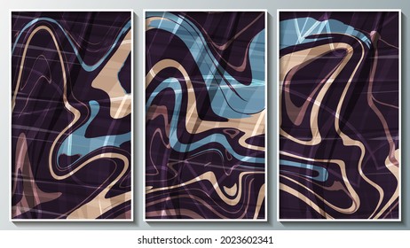 tríptico abstracto fresco en colores oscuros. una mezcla caótica de pinturas turquesa, beige y violeta con un fondo oscuro de textura gruesa. tres imágenes en marcos finos blancos. vector 