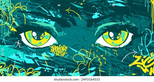 Cool Abstract Urban Futuristic Street Art Graffiti Style Background With Big Eyes Illustration