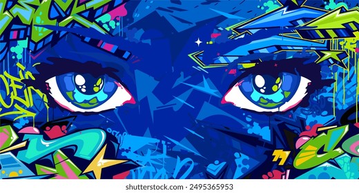 Cool Abstract Urban Futuristic Street Art Graffiti Style Background With Big Eyes Illustration