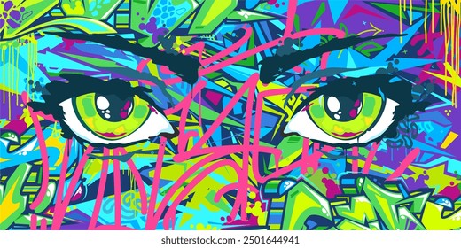 Cool Abstract Urban Futuristic Street Art Graffiti Style Background With Big Eyes Illustration