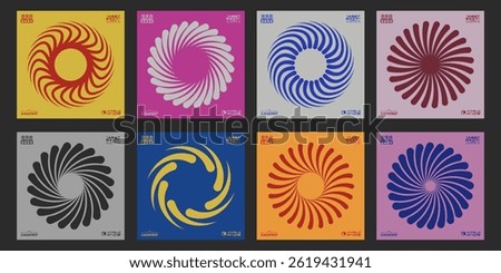 Cool Abstract Y2k Circle Swirl Shapes Vector Design. Optical Illusion Art Covers. Swiss Design Geometric Graphic Elements.