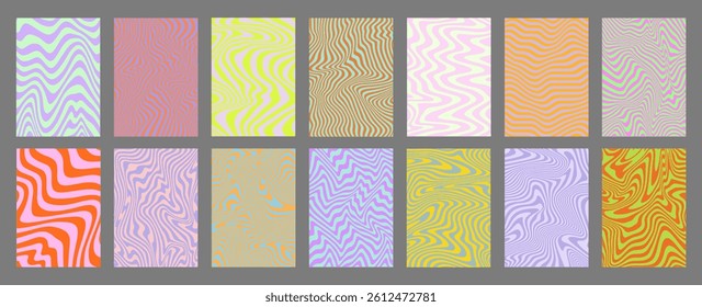 Cool Acid Geometric Wavy Lines Texture Set. Trippy Y2k Psychedelic Stripes Vector Design. Optical Illusion Art Covers Collection.