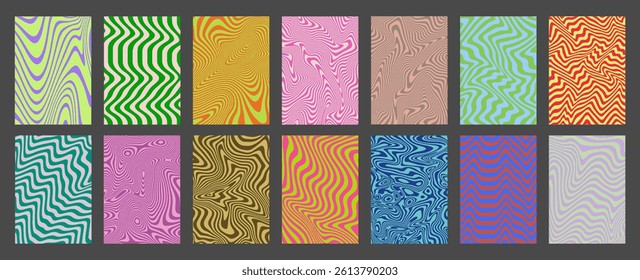 Cool Acid Geometric Wavy Lines Texture Set. Trippy Y2k Psychedelic Stripes Vector Design. Optical Illusion Art Covers Collection.