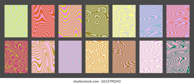 Cool Acid Geometric Wavy Lines Texture Set. Trippy Y2k Psychedelic Stripes Vector Design. Optical Illusion Art Covers Collection.