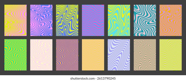 Cool Acid Geometric Wavy Lines Texture Set. Trippy Y2k Psychedelic Stripes Vector Design. Optical Illusion Art Covers Collection.