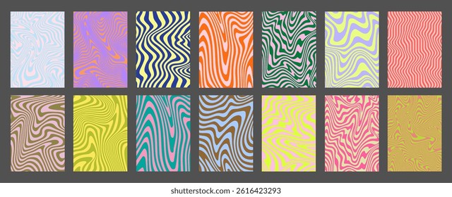 Cool Acid Geometric Wavy Lines Texture Set. Trippy Y2k Psychedelic Stripes Vector Design. Optical Illusion Art Covers Collection.