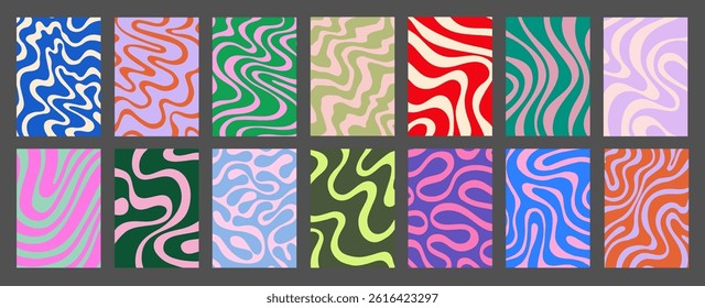 Cool Acid Geometric Wavy Lines Texture Set. Trippy Y2k Psychedelic Stripes Vector Design. Optical Illusion Art Covers Collection.