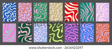 Cool Acid Geometric Wavy Lines Texture Set. Trippy Y2k Psychedelic Stripes Vector Design. Optical Illusion Art Covers Collection.