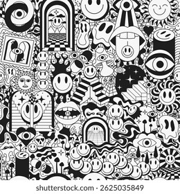 Cool Acid Psychedelic Groovy Seamless Pattern. Abstract Trippy Y2k Illustration.