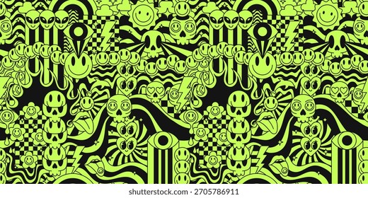 Cool Acid Psychedelic Groovy Seamless Pattern. Abstract Trippy Y2k Illustration.
