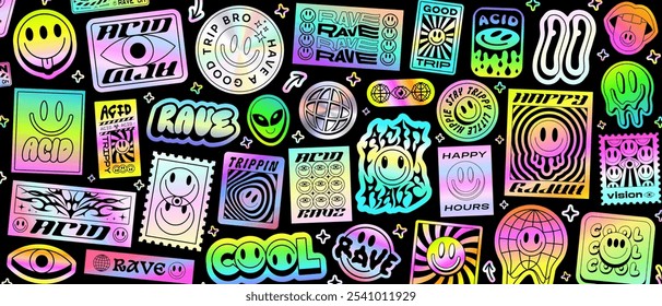 Cool Acid Rave Stickers Collage Pattern. Y2k Holographic Patches Trippy Smile Pop Art.