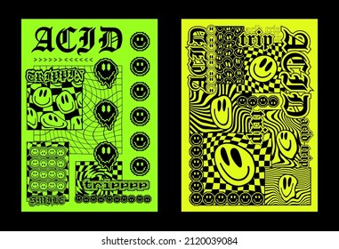Cool Acid Style Posters Vector Design. Trendy T-shirt Smile Monochrome Print. Rave Graphics.