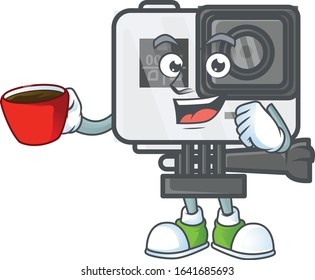 Cool action camera cartoon character with a cup of coffee