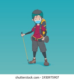cool adventurous youth character wearing virus protection mask, vector design