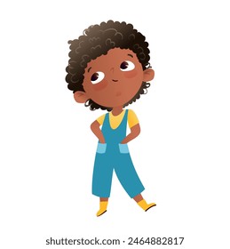 Cool African American child, graphic illustration of a black schoolgirl standing hands in pockets looking up. Preschool children cartoon, pupil mascot. Colorful isolated vector character clip art.