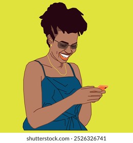A cool African American female wearing glasses and holding a cell phone reading all her messages 
