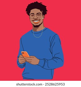 A Cool African American guy holding a cell phone wearing a neck chain with glasses