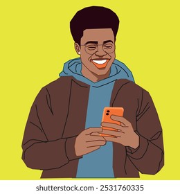 Un joven estudiante afroamericano genial sostiene un teléfono celular leyendo sus mensajes mientras usa gafas