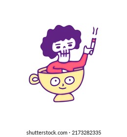 Cool afro skull smoke cigarette and chill out inside a cup of coffee, illustration for t-shirt, sticker, or apparel merchandise. With doodle, retro, and cartoon style.