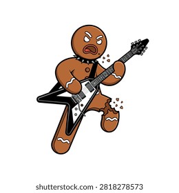 A cool, aggressive gingerbread man playing a rock guitar.