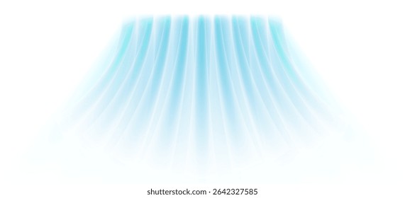 Efeito de fluxo de ar frio com sopro gelado e brilho de néon. Fundo abstrato azul com fluxo de ventilador, setas e movimento do vento. Perfeito para HVAC, AC ou tecnologia de energia. Ilustração de vetor limpo mínima.