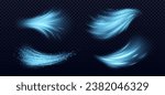 Cool air flow effects set isolated on transparent background. Vector realistic illustration of blue light waves with shimmering particles, cold wind, fresh breeze whirlwind, magic power trail