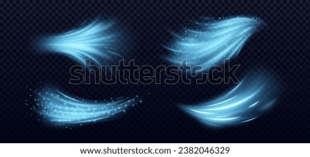 Cool air flow effects set isolated on transparent background. Vector realistic illustration of blue light waves with shimmering particles, cold wind, fresh breeze whirlwind, magic power trail