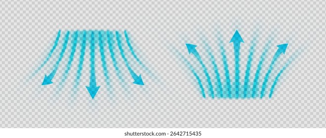 Cool air flow swirl with dynamic blue waves and abstract vortex motion. Clean breeze, suction stream and purification spray. Transparent vector element for ventilation or AC system concept.