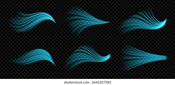 Espiral de ar frio com efeito de fluxo de vento fresco. Abstrato rastro de vórtice azul e onda de aroma. Espiral 3D vetorial com neblina, desfoque e brilho. Limpe o condicionador ou conceito do ventilador. Fundo isolado transparente.