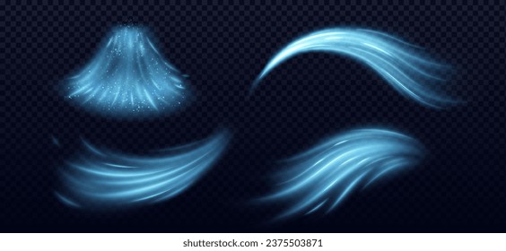 Cool air waves with wind flow effect. Realistic vector illustration set of blue jets of clear cold airstream with particles. Breath of breeze air with sparkles for purification or conditioner concept. svg