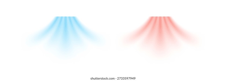 Cool airflow and warm air flow appear as soft blue and red gradients spreading downward. Colors create smooth motion effect on clean white background. Modern realistic vector illustration.