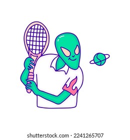 Cool alien character playing padel sport doodle art, illustration for t-shirt, sticker, or apparel merchandise. With modern pop style.