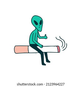 Cool alien character ride a cigarette, illustration for t-shirt, sticker, or apparel merchandise. With doodle, retro, and cartoon style.
