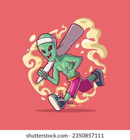 Cool carácter alienígena que se ejecuta con una ilustración vectorial conjunta. Weed, logotipo, concepto de diseño de marca.