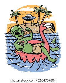 Cool Alien Chilling At Beach Illustration