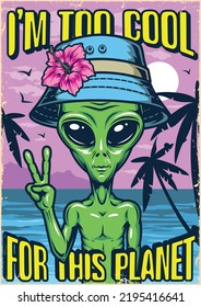 Cool alien colorful poster vintage kind green humanoid from extraterrestrial planet stands on fantastic beach with palm trees vector illustration