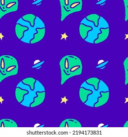 Cool Alien And Earth Planet Seamless Pattern, Illustration For Background, Or Apparel Merchandise. With Modern Pop And Retro Style.