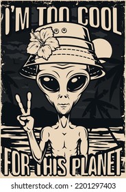 Cool alien flyer monochrome vintage Martian from space greets you with gesture standing on beach with evening sunset vector illustration