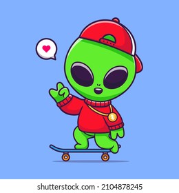 Cool Alien Playing Skateboard Cartoon Vector Icon Illustration. Science Sport Icon Concept Isolated Premium Vector. Flat Cartoon Style