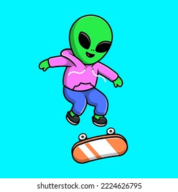 Cool Alien Playing Skateboard Cartoon Vector Icons Illustration. Flat Cartoon Concept. Suitable for any creative project.