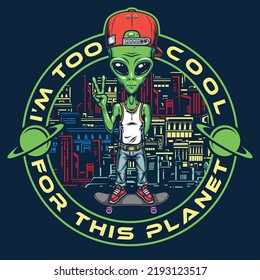 Cool Alien-Sketch-Vintage bunt Martian humanoid in Jeans gekleidet und Mütze-Skateboard-Rennen um die Metropole begrüßt Erdlings Vektorgrafik