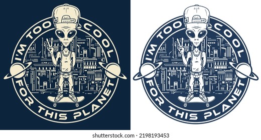 Cool aliens sticker monochrome vintage young humanoid rides skateboard through city streets saying hello to earthlings vector illustration